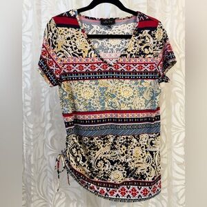 Melissa Paige Multi Color Patterned V Neck Blouse Large